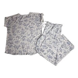 Lucky Brand PAJAMA SET Women's LG Pants Top Floral Print Blue Gray Soft T Shirt